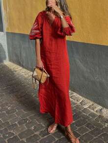 New Elegant V-Neck Lantern Sleeve Loose Dress With Embroidery, Suitable For Beach, Vacation, Home, Formal Events, Back To School, Party Red - Red - View 6