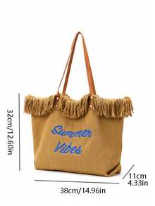 Large Capacity Canvas Tote Bag With Embroidered Letter Handbag For Women, Beach Vacation Bag - Khaki - View 5