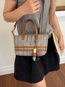 Dedoo Bolso de mano mini de nylon con bloques de color, moda clásica de primavera/otoño, bolso bandolera de hombro largo con diseño minimalista y versátil de concha - Marrón - Ver 3