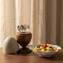 1pc Egg-Shaped Wooden High-Foot Tableware Fork Storage Box, Highly Attractive Western Tableware Fruit Spoon Storage Container, Luxury High-End Fruit Skewer Decor With Thick Ceramic Dust-Proof Lid, Suitable For Home, Restaurant, Dessert Shop And More - View 1