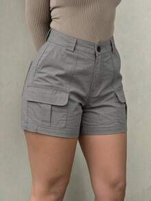 Casual Cargo Daily Women's Grey High Waist Cargo Shorts, Casual Solid Color Utility Mini Bottoms, Streetwear & Everyday Outfits - 銀色 - 查看 3