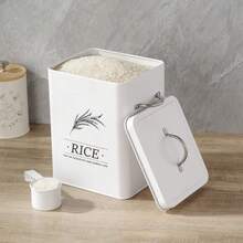 Vintage White Metal Rice Bucket With Lid And Measuring Spoon, Large Airtight Grain Storage Container, Moisture-Proof, Suitable For Kitchen Countertop, 5/10KG Capacity, Ideal For Storing Rice, Flour, Oats And Dry Goods - White - View 11