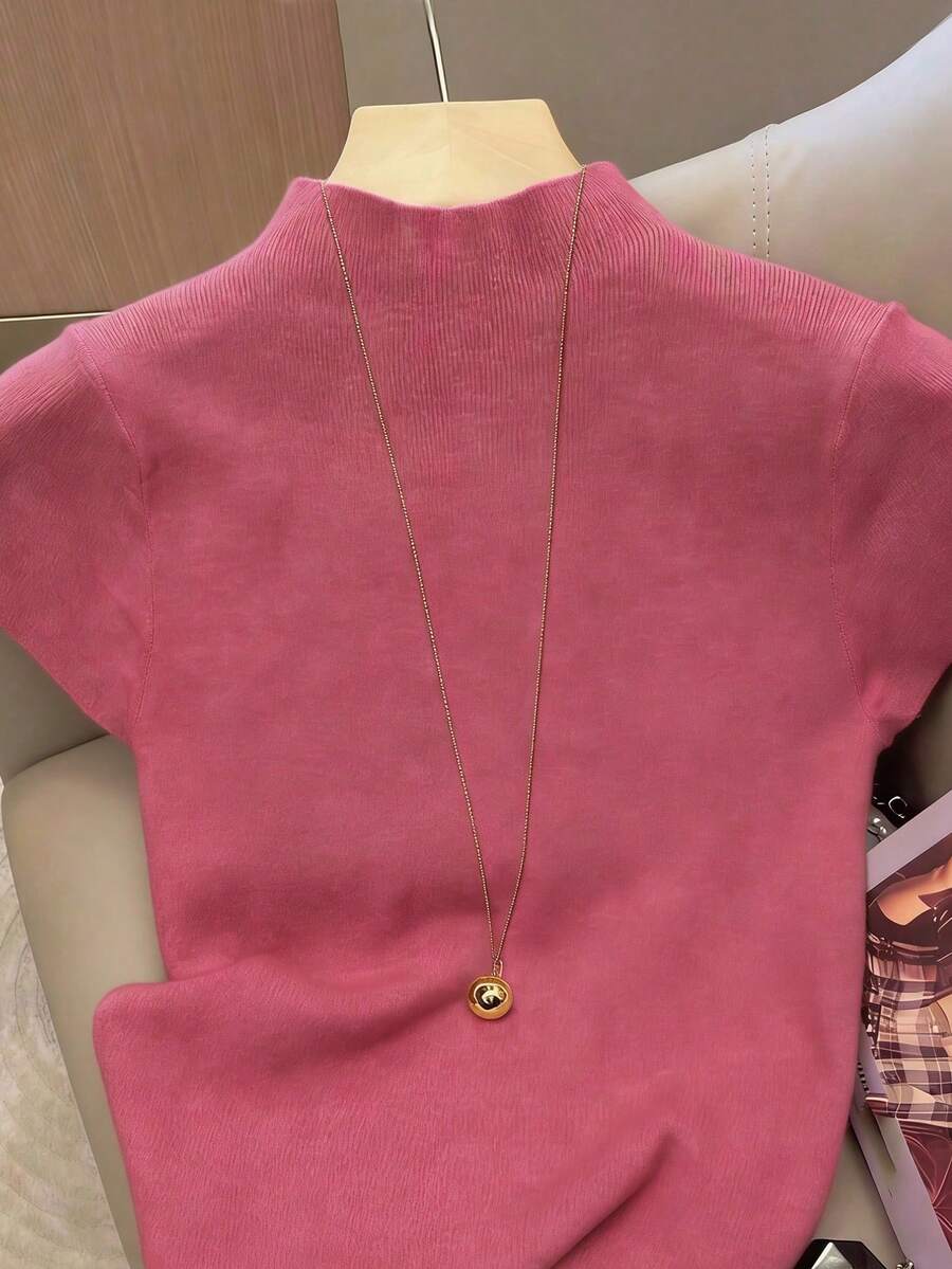 Suéter casual de mujer de unicolor con cuello alto y manga corta - Rosa Fucsia - Ver 1
