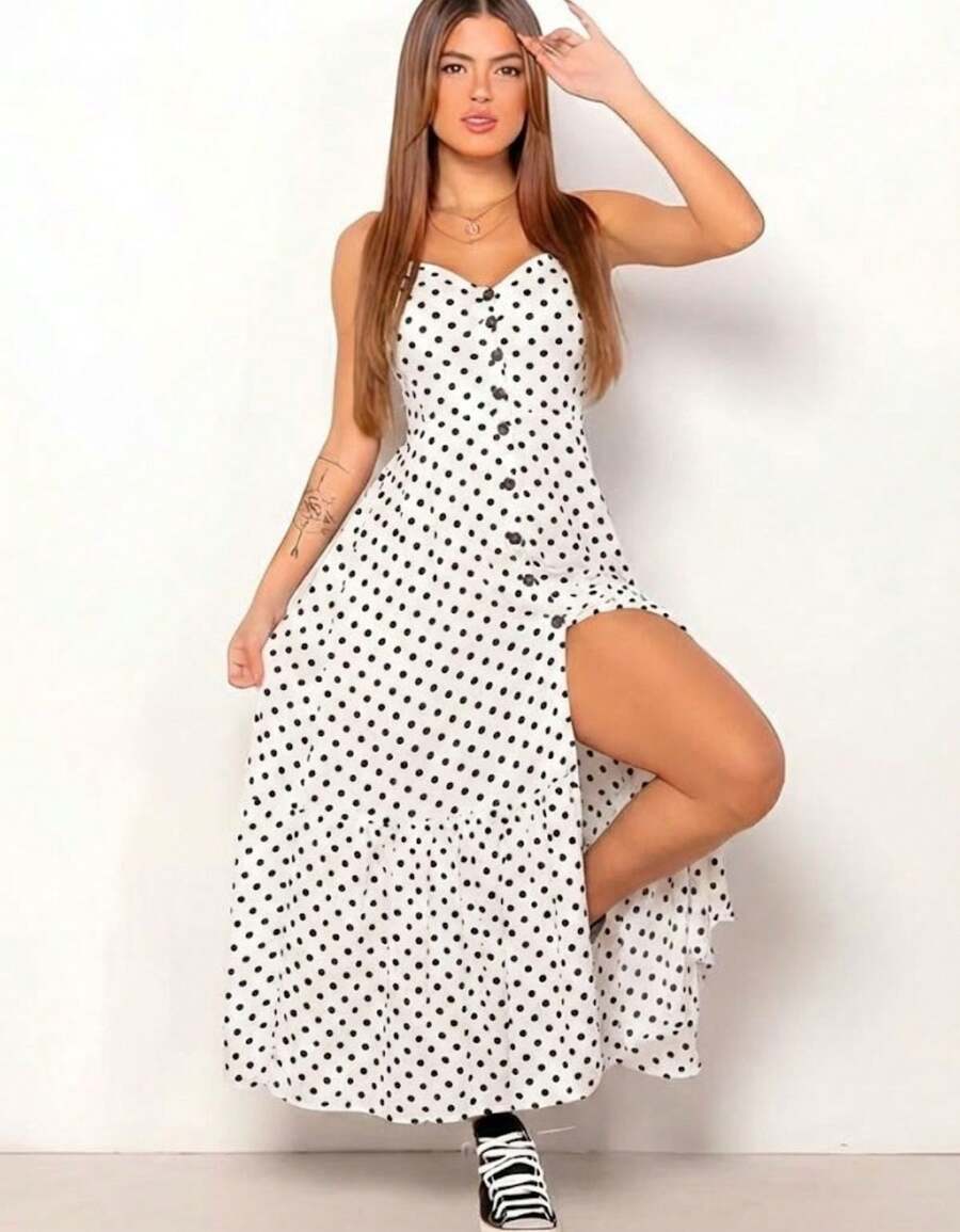 Swisz Women's Long Loose Viscose Polka Dot Dress With Straps - 彩色 - 查看 1