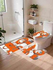 1/4pcs Modern Abstract Orange & Grey Bathroom Set, Suitable For YLTZ Products - Includes Shower Curtain, Bath Mat, U-Shaped Mat, Toilet Lid Cover And 12 Hooks, Size 70.87x70.87 Inches, Polyester Fiber Waffle Weave Machine Washable Decorative Set, Shower Curtain, Waffle Bath Curtain, Hook-Free Bath Curtain - Multicolor - View 7