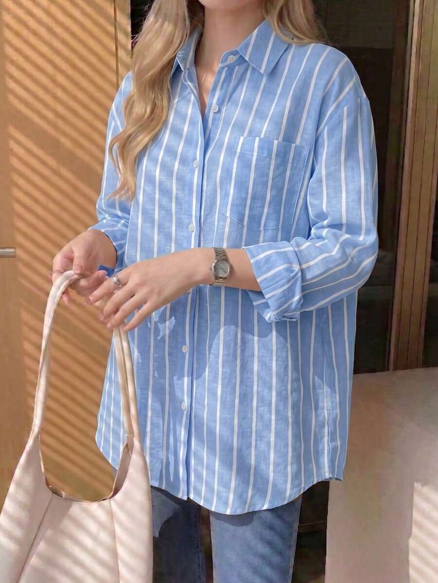 Casual Versatile Striped Collar Button Cuff Design Linen Shirt, New Arrival For Autumn - Blue - View 1