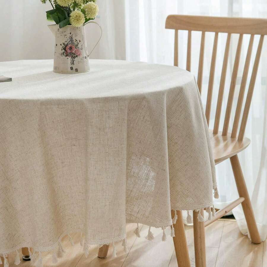 1pc Classic Art Beige Tassel Lace Japanese Style Decorative Round Tablecloth, Suitable For Wedding, Daily Home Decor - Beige - View 1