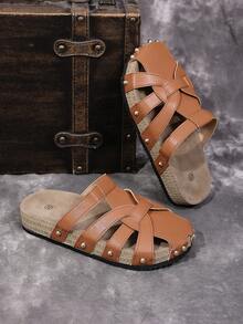 Unisex Plus Size Striped Rivet Flat Sandals, Summer Casual Style, Comfortable Lightweight Backless Slides For Daily Wear - Brown - View 7