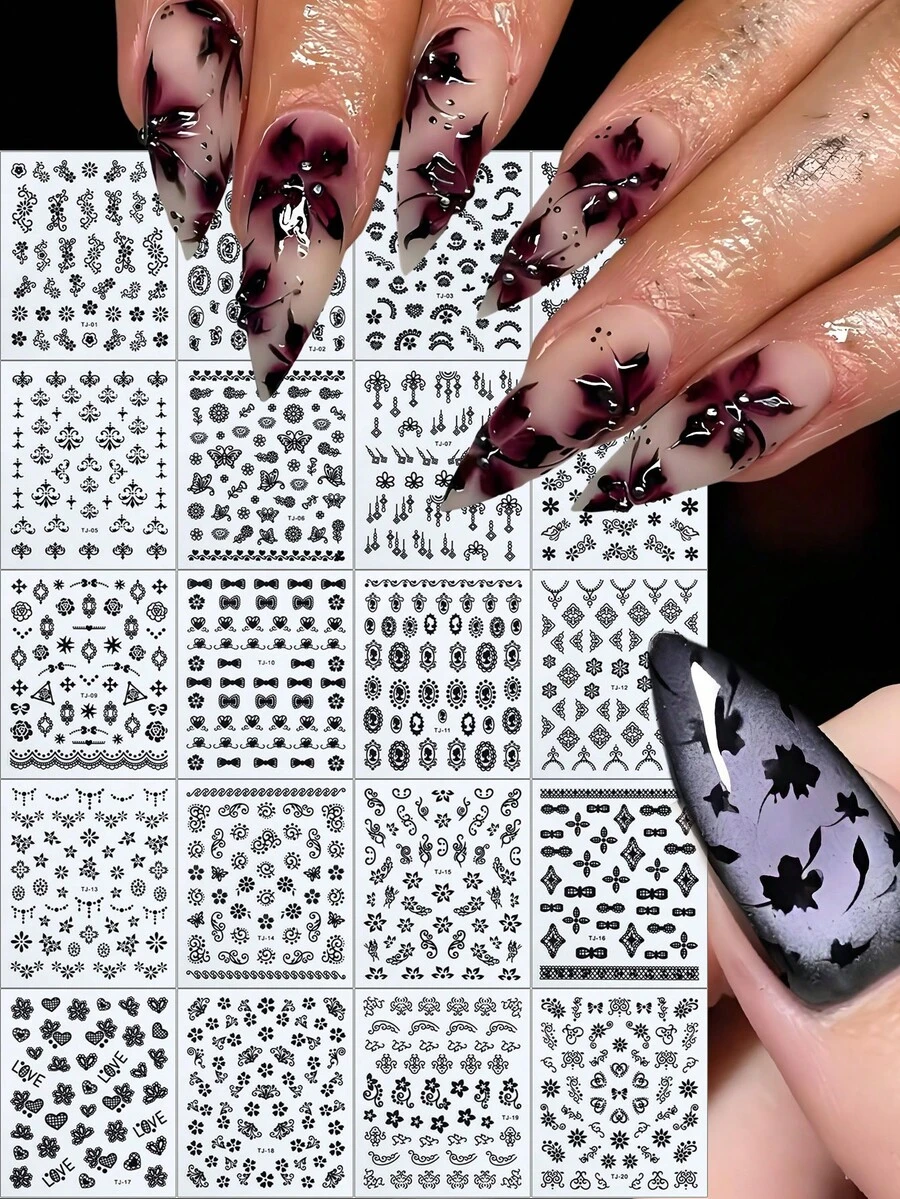 20pcs/Set Black Floral Nail Stickers, Mini Flower Lace Vine Nail Decals, Bohemian Line Art Style Nail Art Supplies For Daily & Bohemian Manicure DIY Holiday Nail Charms Decorations - Black - View 1