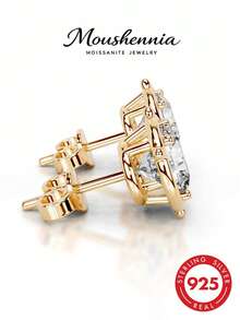 MOUSHEENIA Luxury 1ct Round Moissanite Stud Earrings 925 Sterling Silver Gold Plated Bezel Set Classic Anniversary Jewelry Gift For Women - Round - View 4