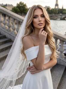 1pc Handmade Crystal Beaded Edge Bridal Veil With Hair Comb, Suitable For Wedding, Party, Photography, Cathedral Length, Fingertip Length - Milky White - View 9
