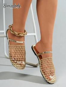 Breezelady Women's Gold Mesh Net Flat Sandals, Closed-Toe Slip-Ons With Ankle Strap, Breathable & Glamorous For Summer Events. - 金色 - 查看 4