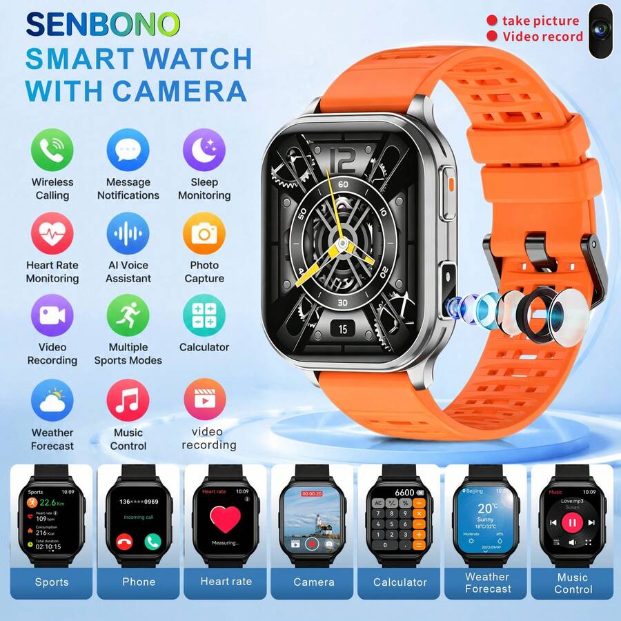 SENBONO 2026 New Smartwatch With Camera, Camera, Dynamic Dial, Wireless Calling, Music Player, Weather, Heart Rate/Sleep Monitoring, Calculator, Pedometer, Information Reminder, High-Quality, Durable Battery, Suitable For Both Men And Women - View 1