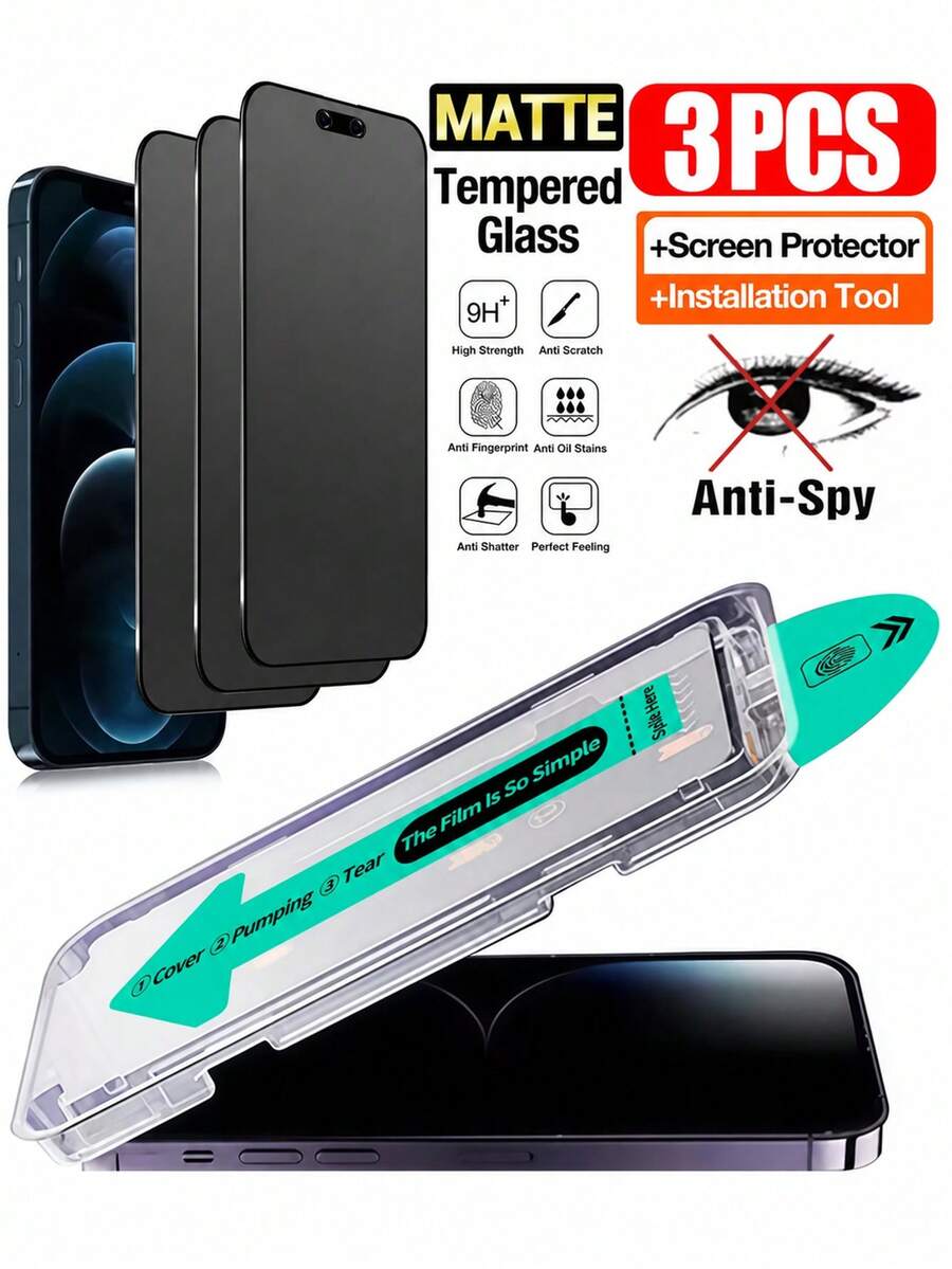 BOLLYMORE 3 Packs Matte Privacy Screen Protector With Auto Alignment Kit, Compatible With 17 Pro Max/11 Phone Screen Protector, For 11 Pro/11 Pro Max/X/XR/XS/XS Max, 17 Pro Max/17 Pro/17 Air/17/15 Plus/15 Pro Max/15 Pro/15/14 Pro Max/14/14 Plus/14 Pro/13/13 Pro/13 Pro Max, 9H Tempered Glass Privacy Screen Protector, Anti-Scratch, Anti-Fingerprint, Case Friendly, Dynamic Island Compatible, Full Coverage