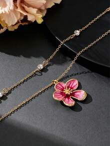 1pc Sparkling Elegant Luxury French Vintage Handmade Oil-Drip Gradient Tie Dye Pink Egg-Shaped Flower Pendant Necklace - Pink - View 4