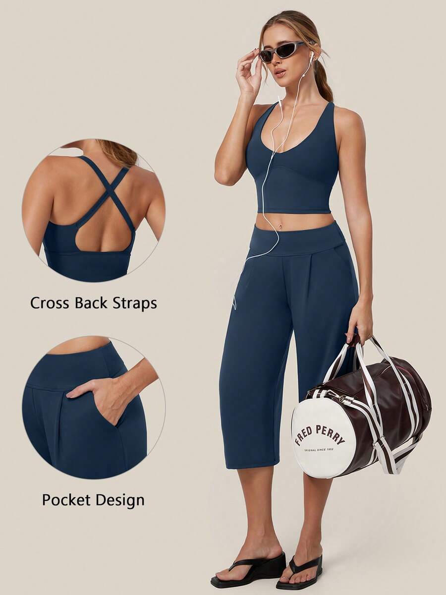 TimeOff Women's One Set Solid Color Built-In Padded Cropped Tank Top With Side Pockets And Pleated Waist Wide Leg Mid-Length Pants Sports Set - Blue - View 1