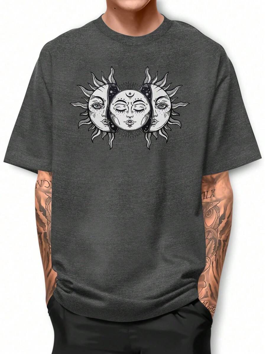 Basic Cotton T-Shirt With Round Neck, Moon And Solar Eclipse Design - White - View 1