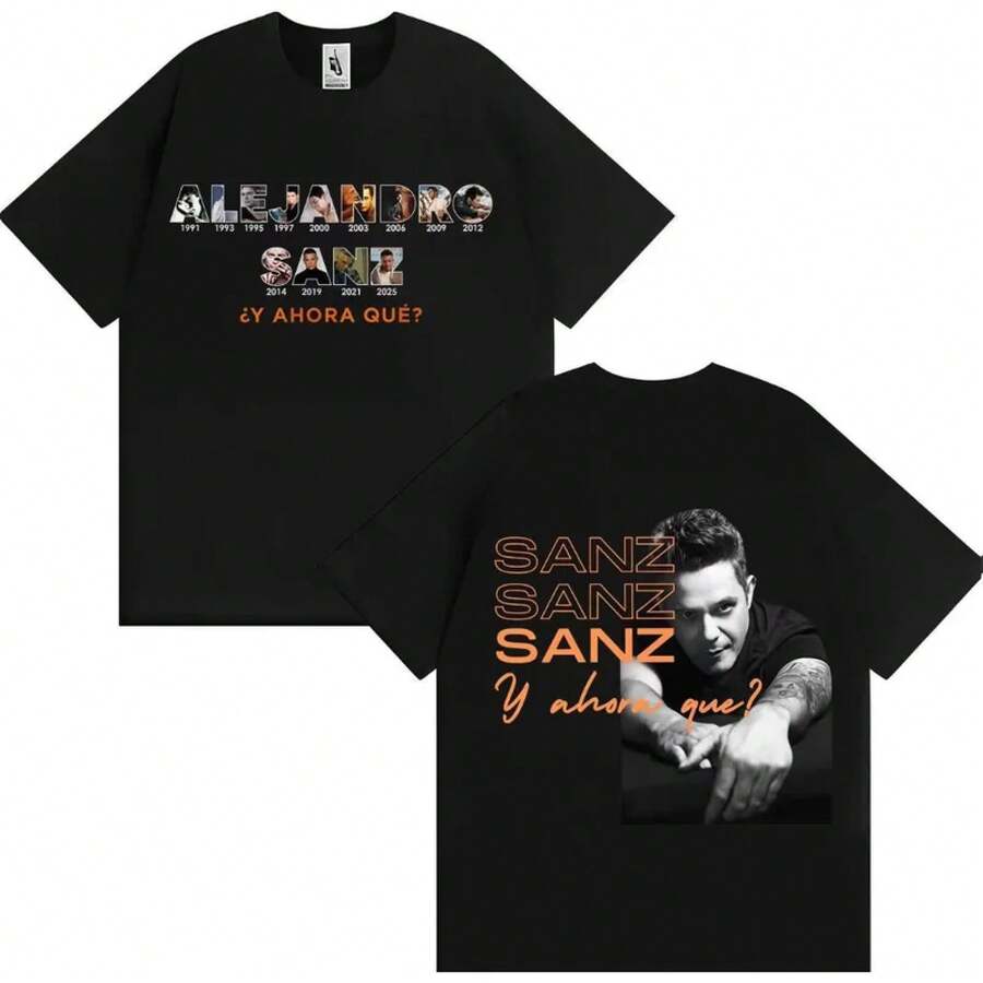 Camiseta de música pop del cantante Alejandro Sanz, camiseta de moda oversize casual de manga corta para hombres y mujeres, streetwear popular para adolescentes - Negro - Ver 1