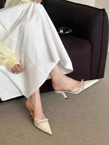 女款蕾絲尖頭細高跟性感 2026 春/夏新款羅馬涼鞋 百搭上班鞋 - 米色 - 查看 9