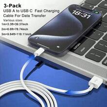 3pcs USB A To Type-C Fast Charging Cables, Supports Car Charger CarPlay, Type-C Phone Charging Data Cable, Compatible With IPhone 16/15 Series, Compatible With Samsung Galaxy S25/S24/S23/S22/S21/S20 - Multicolor - View 2