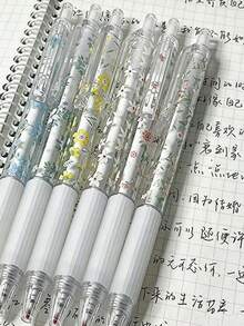 6支可伸縮花卉圖案0.5mm黑色快乾中性筆,書寫順滑,適用於筆記本與辦公用品,返校季理想選擇 - 預設 - 查看 6