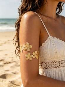 1pc/Set Summer Vacation Style Floral Design Women's Open Adjustable Arm Cuff, Suitable For Women's Beach Vacation And Summer Daily Wear - Golden - View 3