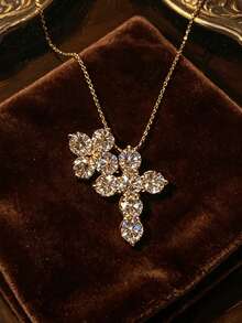 1pc Fashion Minimalist Cross Copper Inlaid CZ Gold Pendant Necklace, Suitable For Women's Daily, Party And Date Wear - Gold - View 3