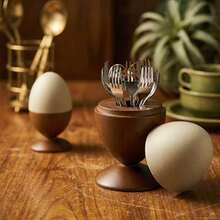 1pc Wooden Egg-Shaped Vintage Style Fruit Fork & Spoon Storage Jar With Ceramic Dust-Proof Lid, Creative High-Value Home Fruit Skewer Holder, Premium Restaurant Tableware Organizer, Coffee Table Desktop Decor - View 6