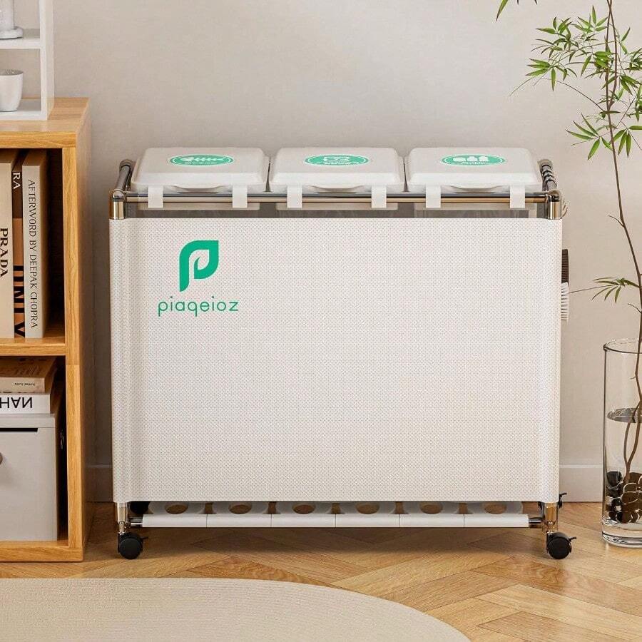 ゴミ袋ホルダー 3分別*30L ゴミ箱 ふた付き レジ袋を隠すゴミ袋スタンド 90L大容量 キャスター付きダストボックス 目隠しダストワゴン ステンレス製 おしゃれ 黒 - ホワイト - チェックする 1