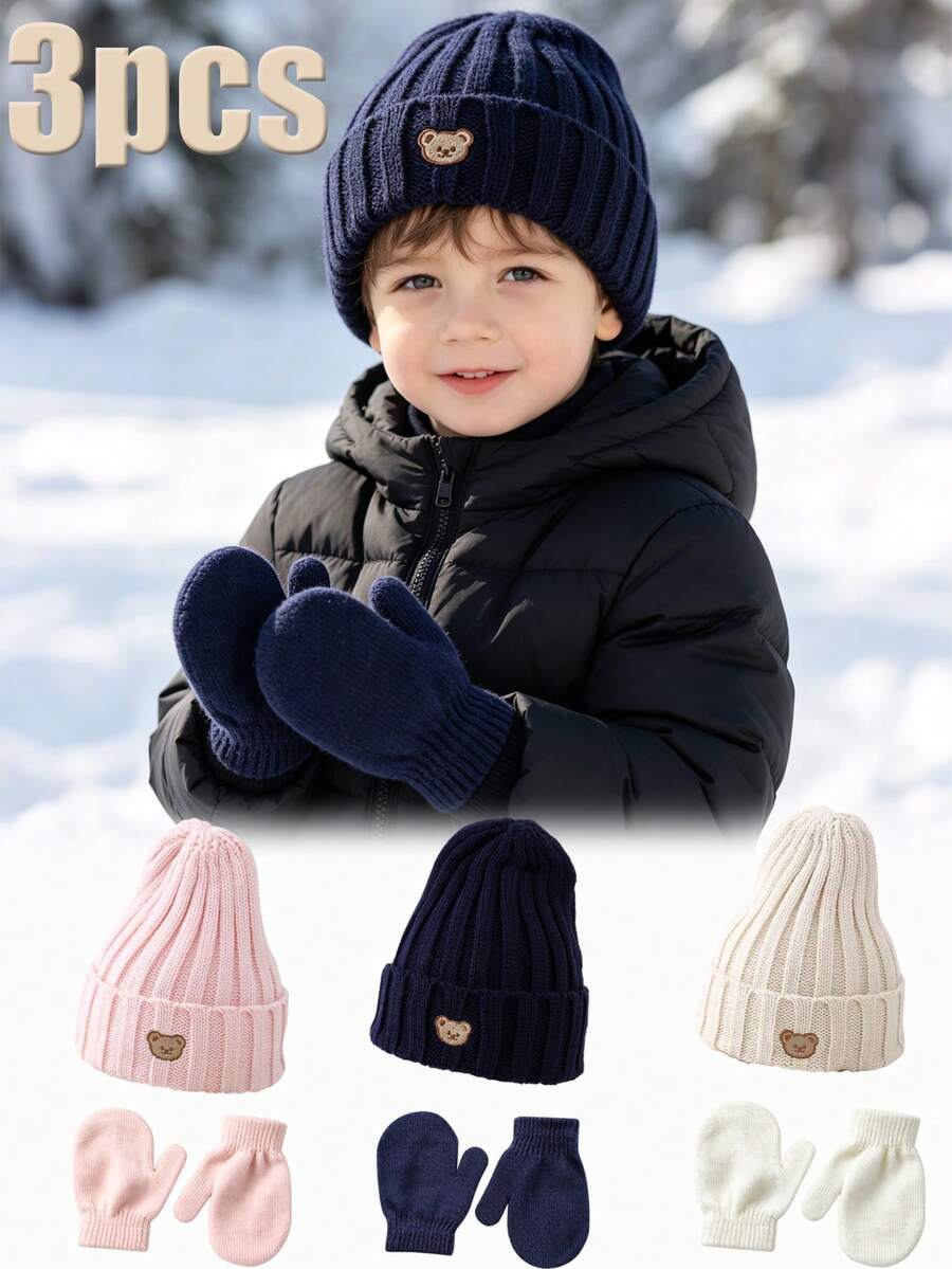 3pcs Bear Candy Color Knitted Hat & Gloves Set, New Children's Warm Hat, Baby Versatile Breathable Skin-Friendly Knitted Hat, Cute Bear Knitted Hat, Winter Knitted Hat, Suitable For Cold Weather And Outdoor Activities - Multicolor - View 1