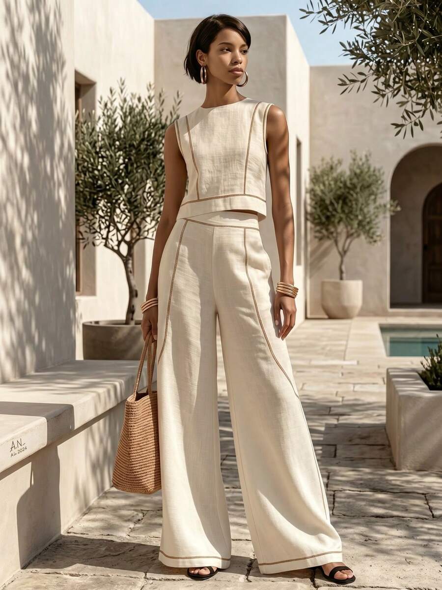 Women's Modest Boho Two-Piece Outfit Sleeveless Round Neck Cropped Blouse Long Wide Leg Pants With Contrast Piping In Woven Fabric For Spring Outings - 香檳色 - 查看 1