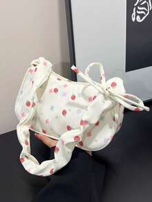 1 buah Tas Bahu Wanita Bahan Nilon Putih dengan Resleting Halus, Motif Cetak Stroberi, Tali Serut, Desain Modis, Serbaguna, Kasual, Musim Panas, Lintas Batas, Tas Bahu Niche Baru, Cocok untuk Penggunaan Sehari-hari Wanita - Putih - View 5