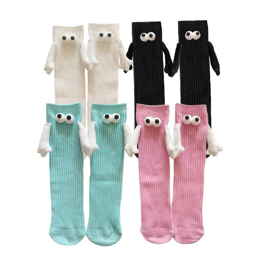 1 Pair/4 Pairs Magnetic Hand-Holding Socks, Novel And Fun Socks For Women And Men, Suitable For Couples, Gift For Boyfriend, Cute Mid-Calf Socks - Multicolor - View 1