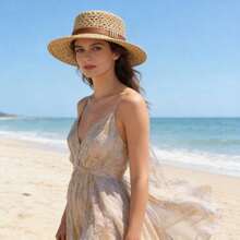 Crochet Straw Dome Hat With PU Leather Band And Gold Buckle, Women's Summer Beach Sun Hat - Multicolor - View 7