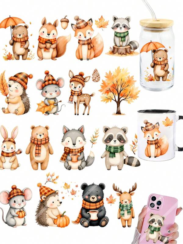 2pcs Cute Woodland Animal DIY UV DTF Removable Transfer Stickers, Suitable For Mugs, Coffee Cups, Glass Cups, Tumblers, Laptops, Phone Cases, Greeting Cards, Illustrations, Party Cup Labels And Decoration