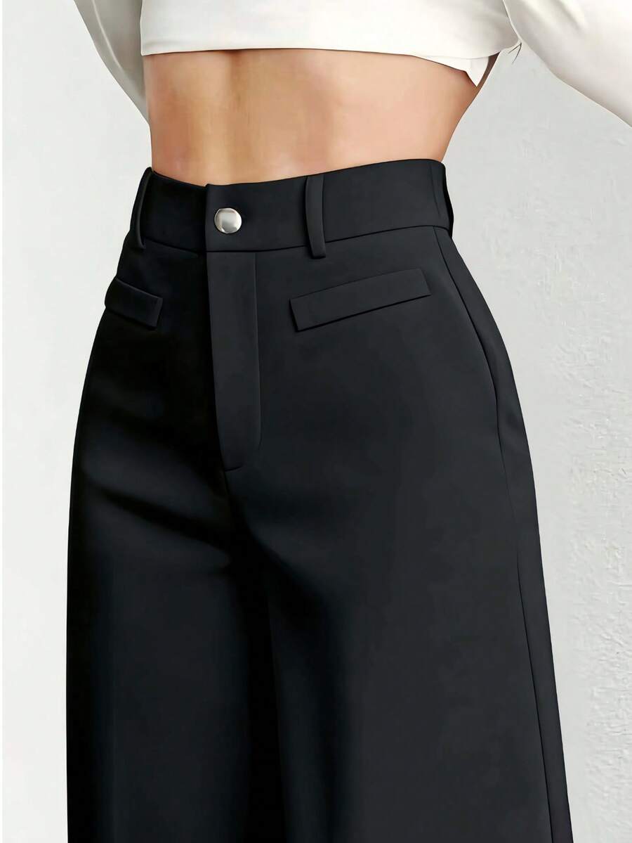 1pc Solid Color Polyester Pocket Button Zipper Women's Pants, Suitable For Office And Daily Wear, Spring/Summer - Black - View 1