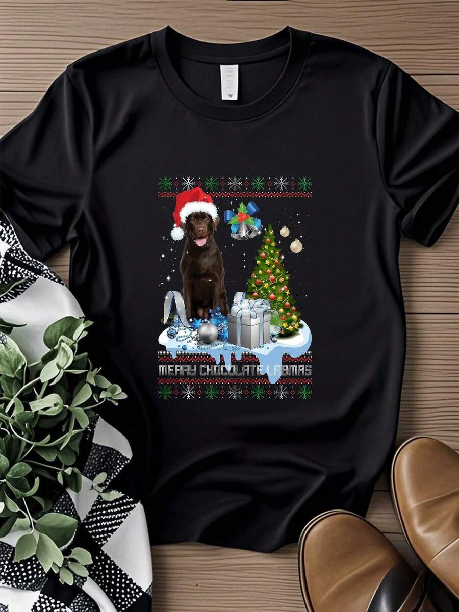 T-shirt imprimé pour femmes BESTSELLER Labrador chocolat avec bonnet de Père Noël T-shirt de Noël moche classique - Noir - Voir 1