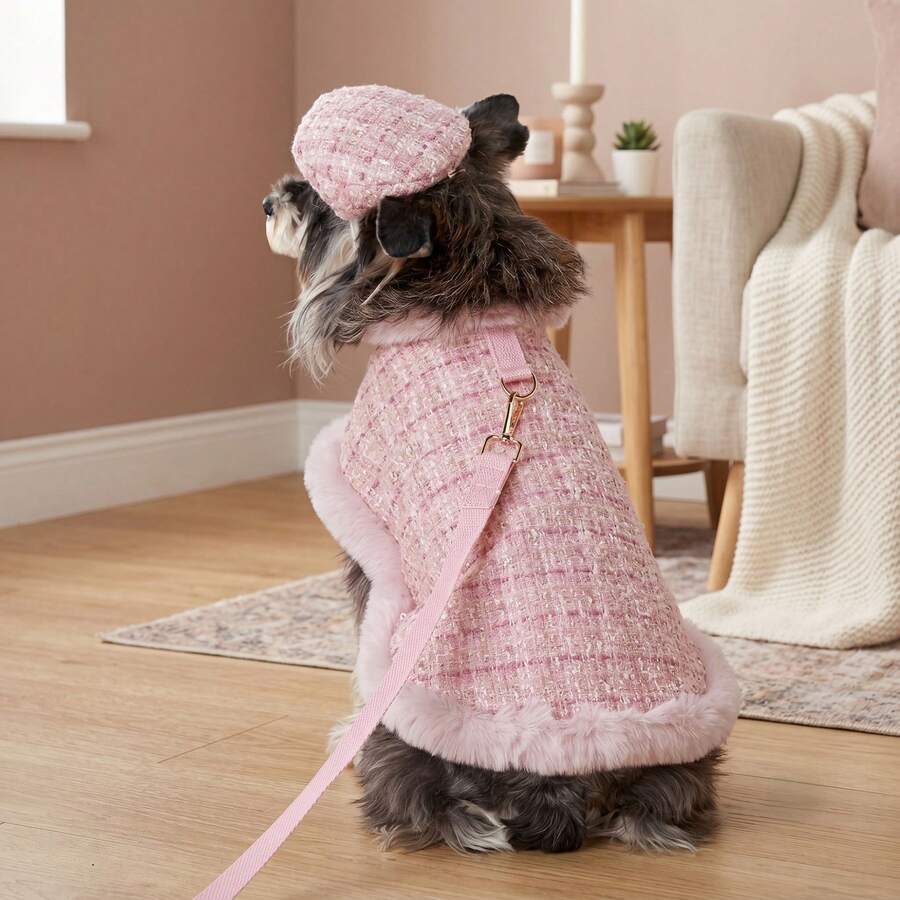 小型/中型犬毛绒斗篷、可调节夹克、D 形环牵引绳、时尚帽子和服装套装、猫/狗背带 - 粉色 - 查看 1