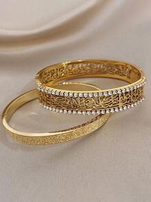 1Pc/2pcs Luxuy Zirconia Hollow Engraved Bangle Bracelet,Stainless Steel Jewelry Set For Women,Daily/Boho/Party/Wedding,Mom Gifts,Valentine Birthday - Multicolor - View 7