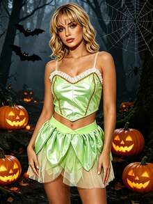 Womens Fairy Princess Costume, Ruffle-Trimmed Bustier Tops And Mesh Skort 2 Pcs Set, Halloween Costumes - Army Green - View 5