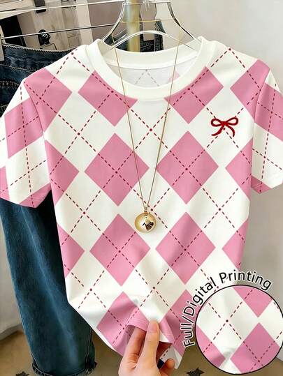 Black & Pink Contrast Round Neck Short Sleeve T-Shirt Women, American Vintage Number Pink Plaid Print Bow Decor Loose Mid-Length Sporty Casual Versatile Top