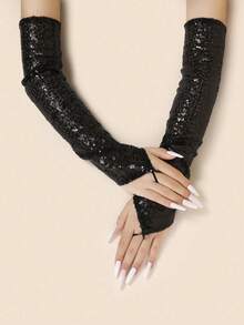 1 Pair Women's Summer New Fashion Stage Performance Sequin Reflective Long Fingerless Hooked Gloves Costume Performance Gloves - Multicolor - View 9