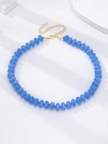 1/2pcs Blue Resin Bead Layered Necklace, Round Marble Bead Stackable Necklace, Layered Jewelry, Suitable For Women's Beach And Daily Wear - Multicolor - View 3