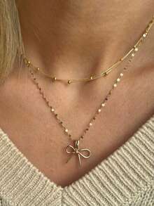 1 pieza Collar con colgante de lazo de acero inoxidable minimalista de moda chapado en oro de 18K, gargantilla de cadena de cuentas multicapa de lujo pequeña - Dorado - Ver 2