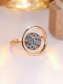 Vanel 1 buah Cincin Modern Bertabur Emas Bentuk Cakram Bulat, Perhiasan Minimalis Terbuka Bentuk Lingkaran yang Elegan untuk Sehari-hari, Cocok untuk Kantor dan Acara Malam (Warna Zirkonia Sintetis Acak) - Kuning keemasan-beraneka warna - View 2