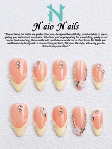 NAIO 10片/組手工穿戴式假指甲，3種尺寸：棺材形/杏仁形/短方型，Y2K法式風格，桃色與黃色漸層指甲搭配3D花瓣設計，水鑽與花卉裝飾，適合女性與女孩，派對與日常穿戴，美甲用品 - 彩色 - 查看 14