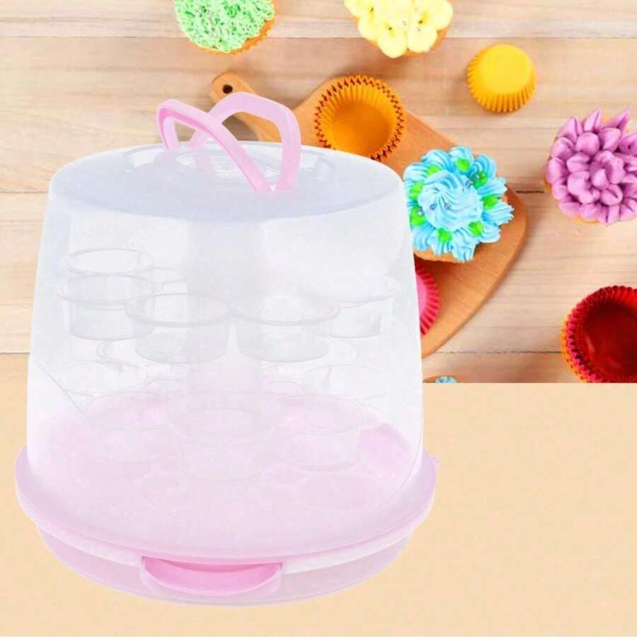 24 Cupcake Carrier - Portable 3-Tier Transporter Box For Cakes And Cupcakes, Vibrant Pink With Strong Sealing Buckle And Retractable Handles - Pink - View 1