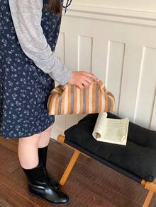 女款夏季草編斜挎包，鏈條編織沙灘托特包，手工錢包，1件草編手提包，沙灘度假包 - 棕色 - 查看 5