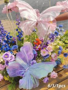 6/3/1pcs Silk Artificial Butterflies, Large Tulle Fake Butterflies For Wedding Decoration, Window Display, Outdoor Garden Decor, Birthday Theme Party Decoration, Home Decor, Wreath Decoration, Large Floral Decoration, Table Centerpiece - Multicolor - View 2