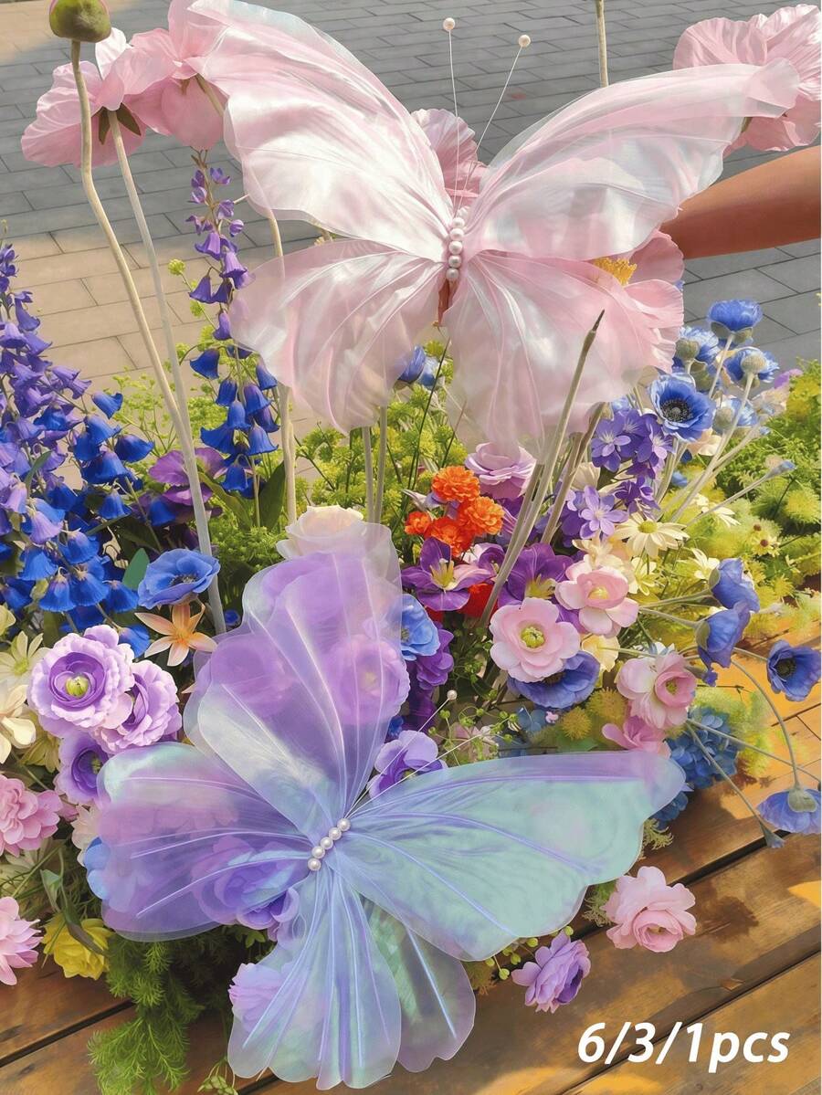 6/3/1pcs Silk Artificial Butterflies, Large Tulle Fake Butterflies For Wedding Decoration, Window Display, Outdoor Garden Decor, Birthday Theme Party Decoration, Home Decor, Wreath Decoration, Large Floral Decoration, Table Centerpiece